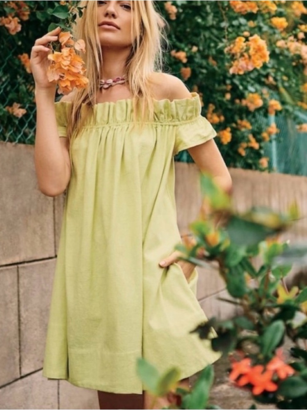Free People XS Sophie Ruffled Off Shoulder Yellow Mini Dress ~ Relaxed Pockets